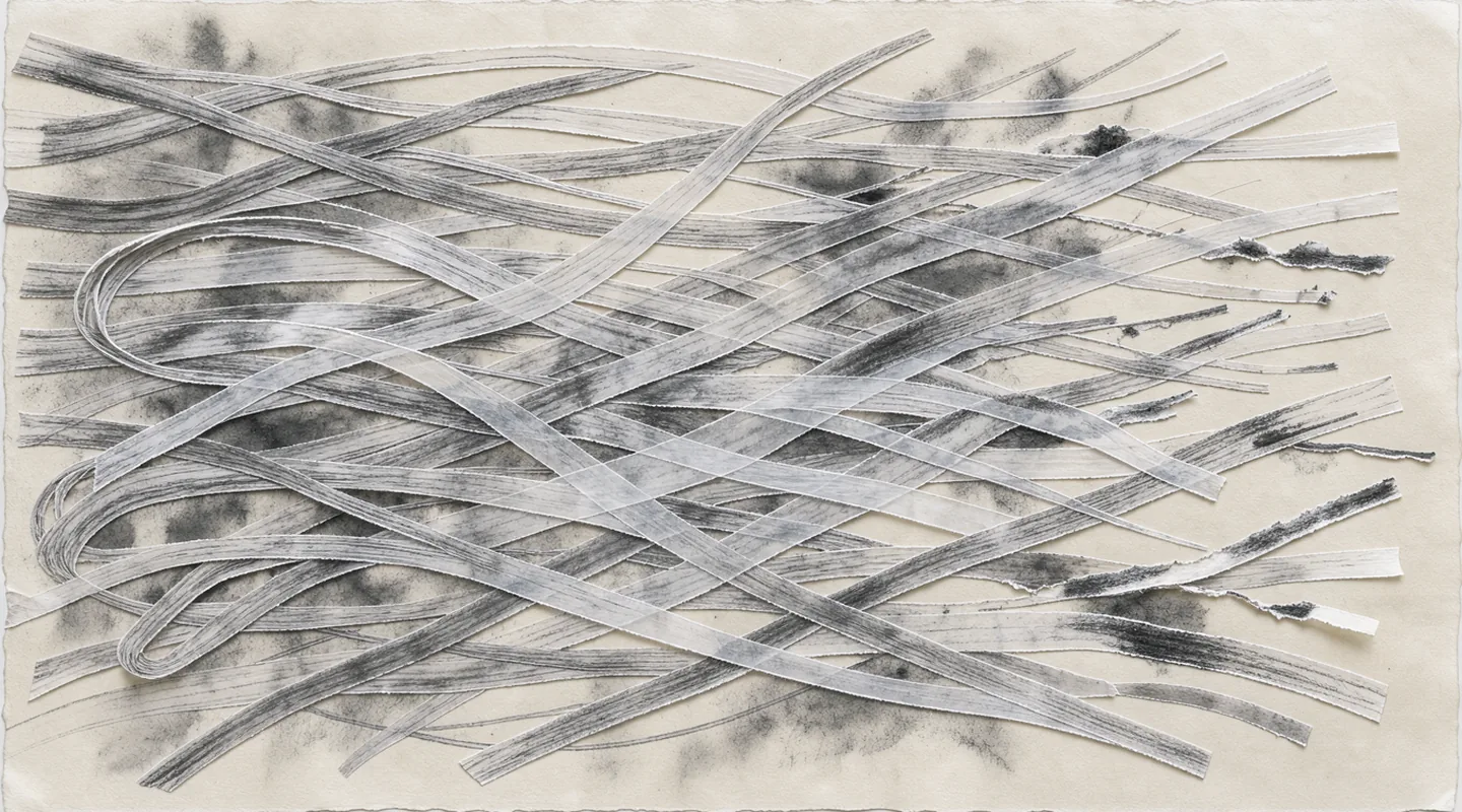 A handmade illustration of loose and interlaced pale fibres