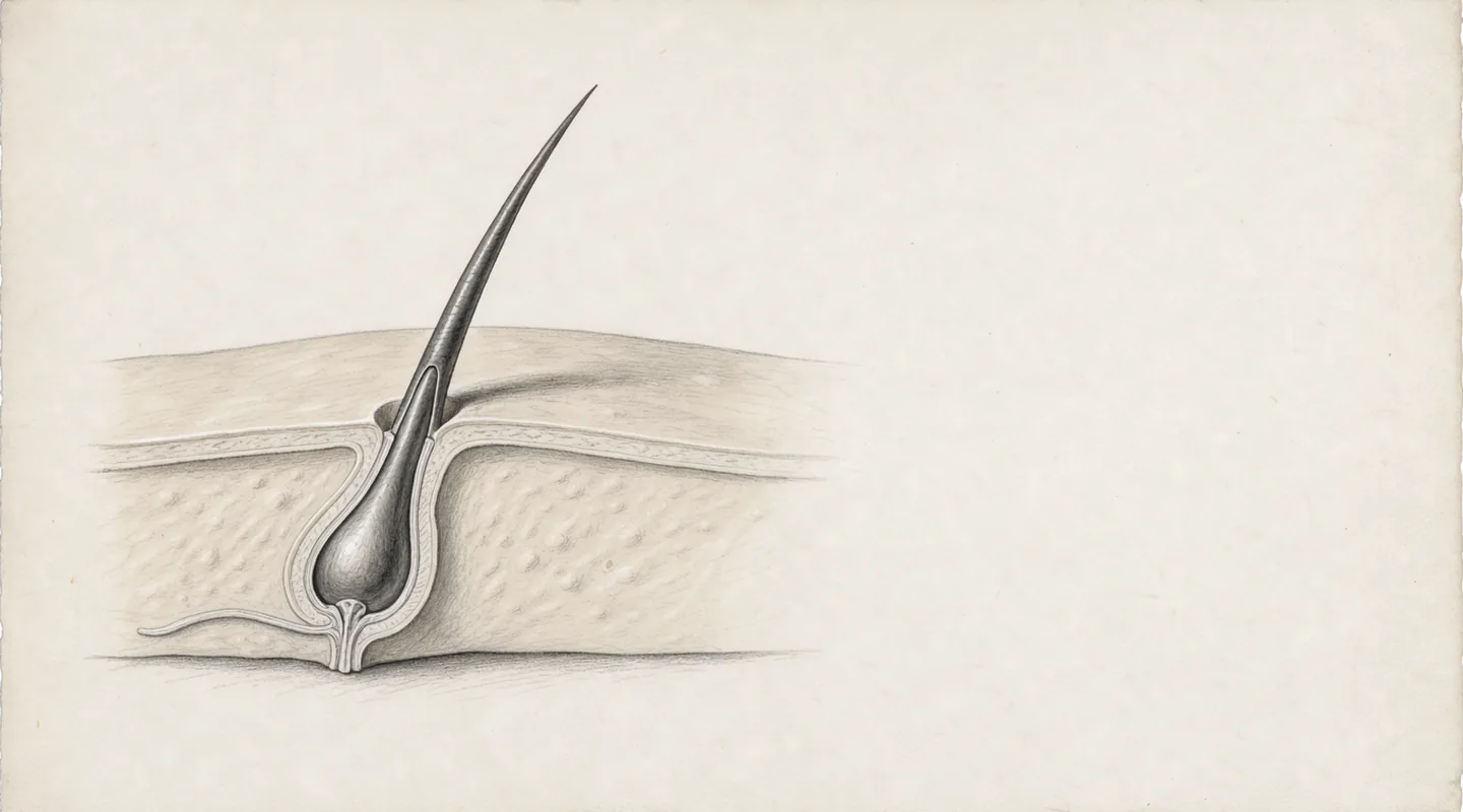 A paper illustration of a hair shaft and follicle beneath skin
