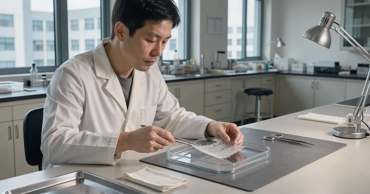 A technician examining a fibrous scaffold over a glass dish