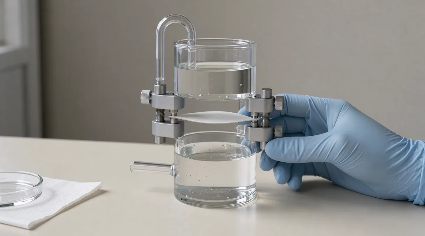 A gloved hand steadying a glass chamber with a thin membrane